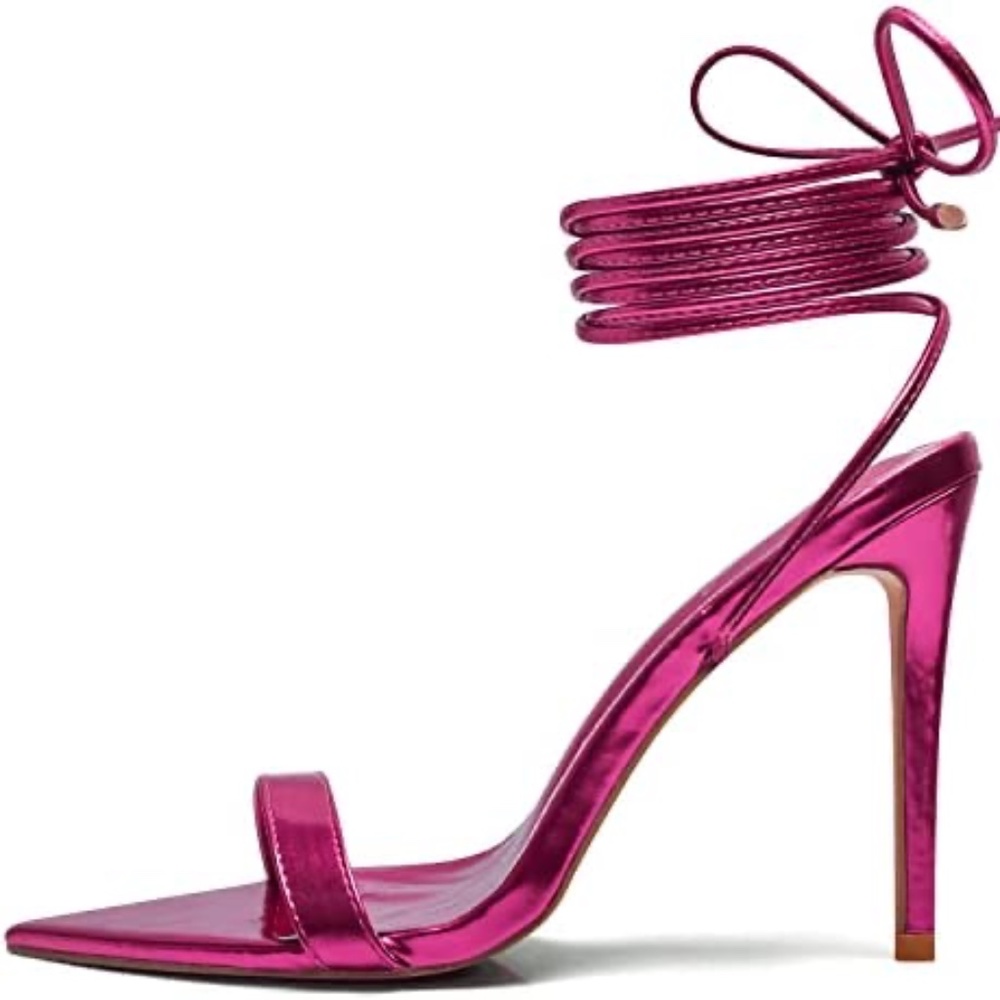 Women's Lace Up Open Toe Stiletto Heels in Metallic Pink